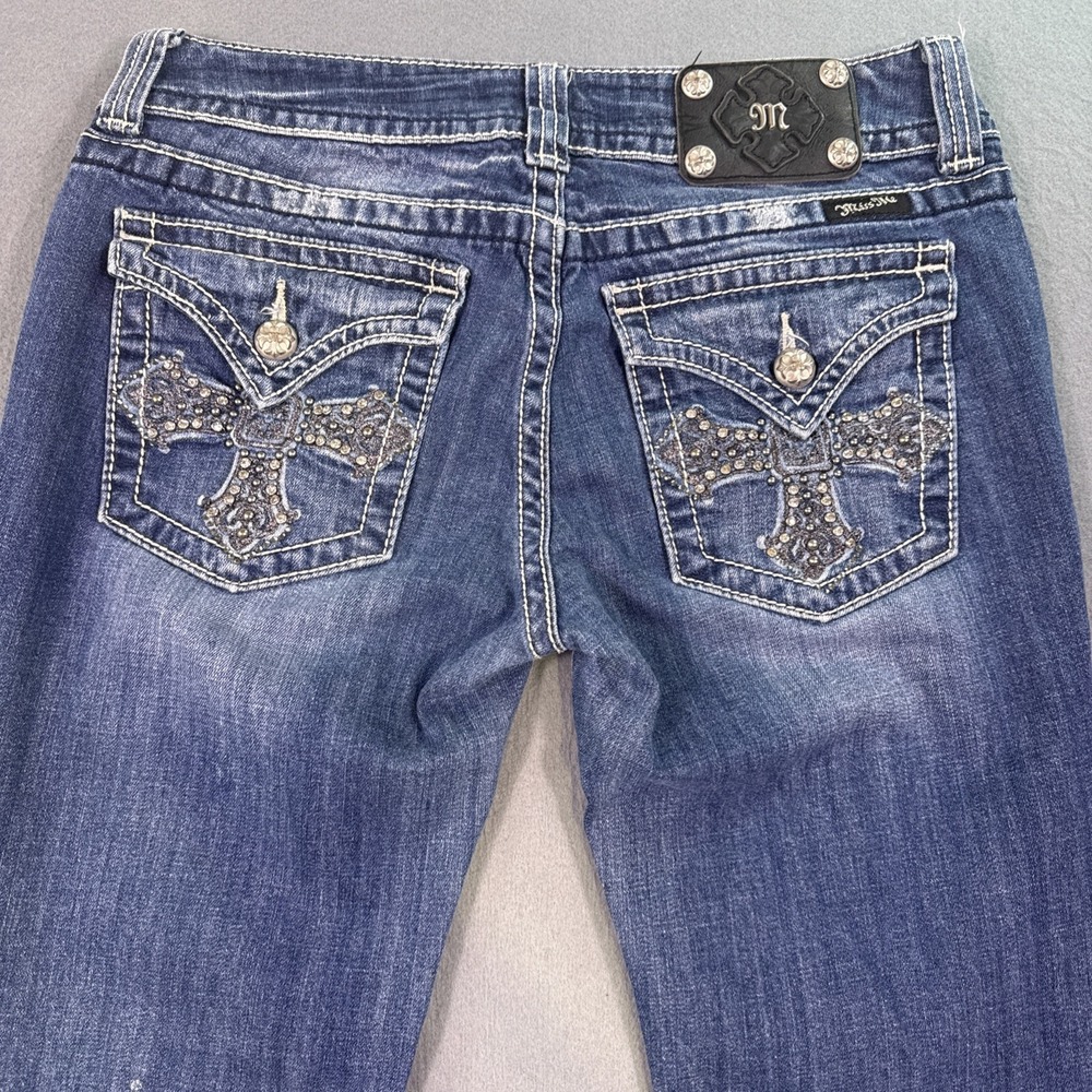 Miss Me Jeans Womens 30/32 Blue Denim Cross Bling Embelished Signature Boot - Picture 2 of 12